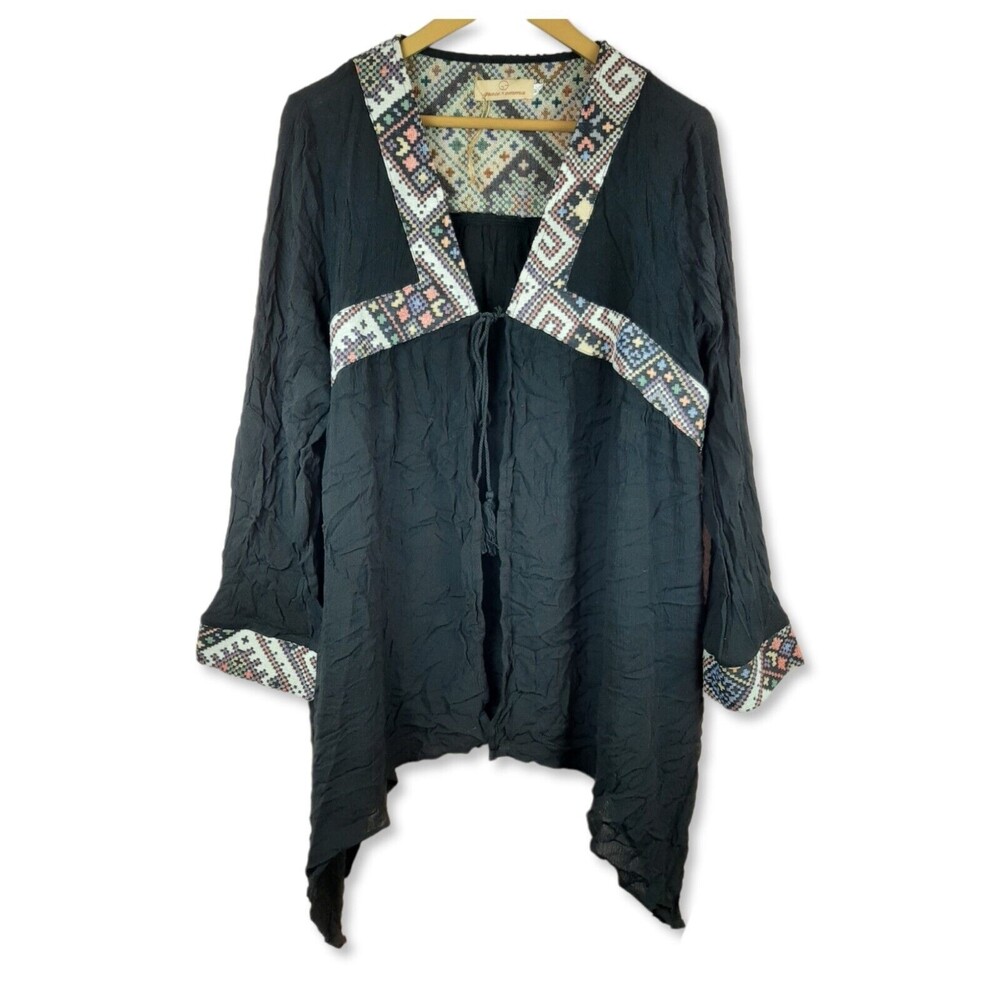 Grace & Emma Women Long Sleeve Cover Up Embroidered Trim Tie Size M/L